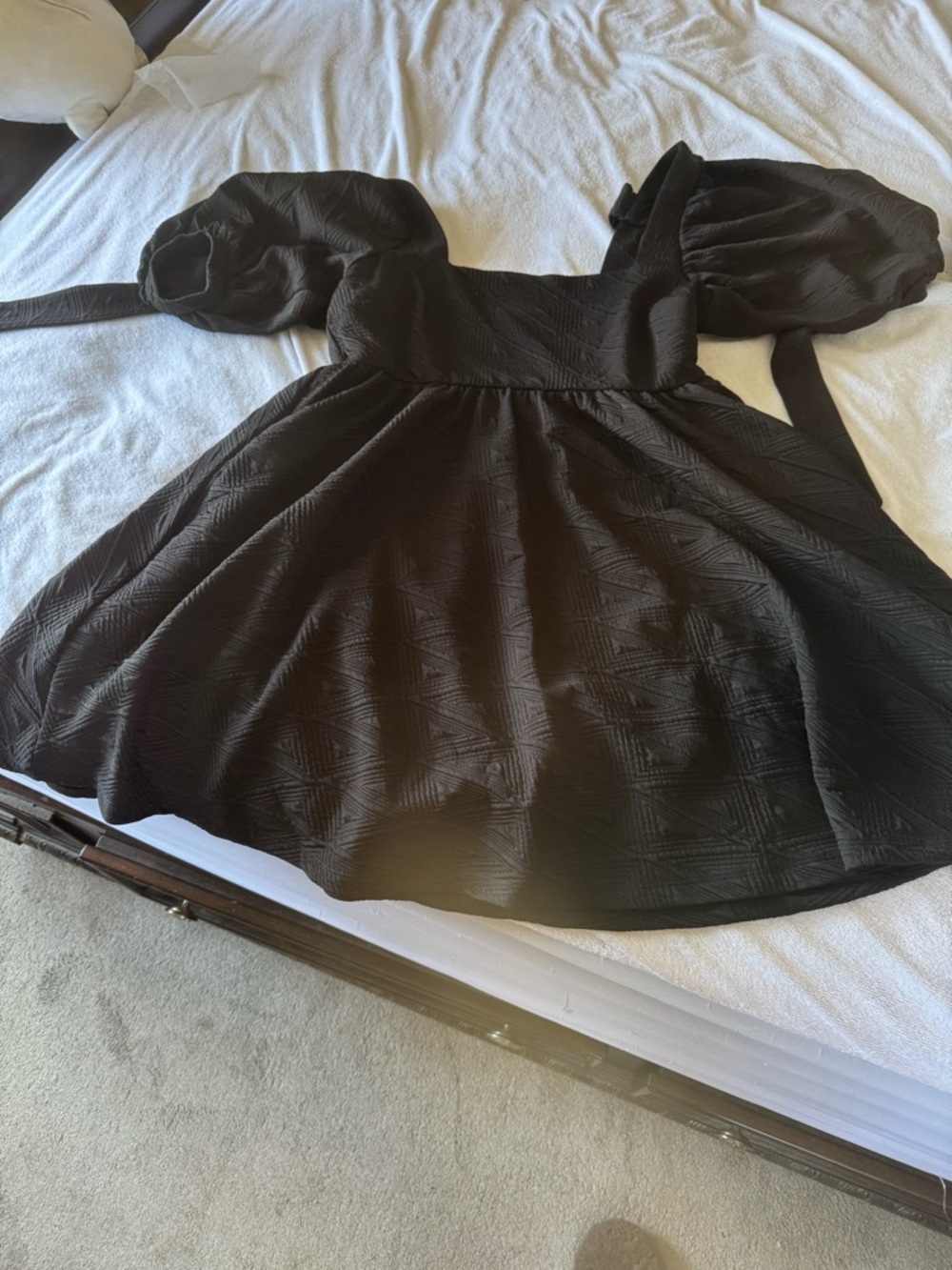 Free People Black Textured Midi Dress with Puff Sleeves